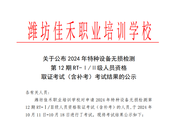 【考试结果公示】2024年特种设备无损检测第12期RT-Ⅰ/Ⅱ级人员......公示