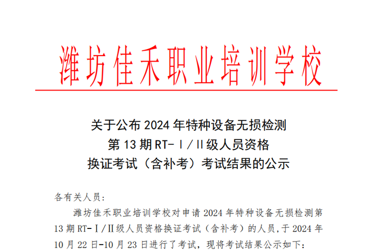 【考试结果公示】2024年特种设备无损检测第13期RT-Ⅰ/Ⅱ级........公示